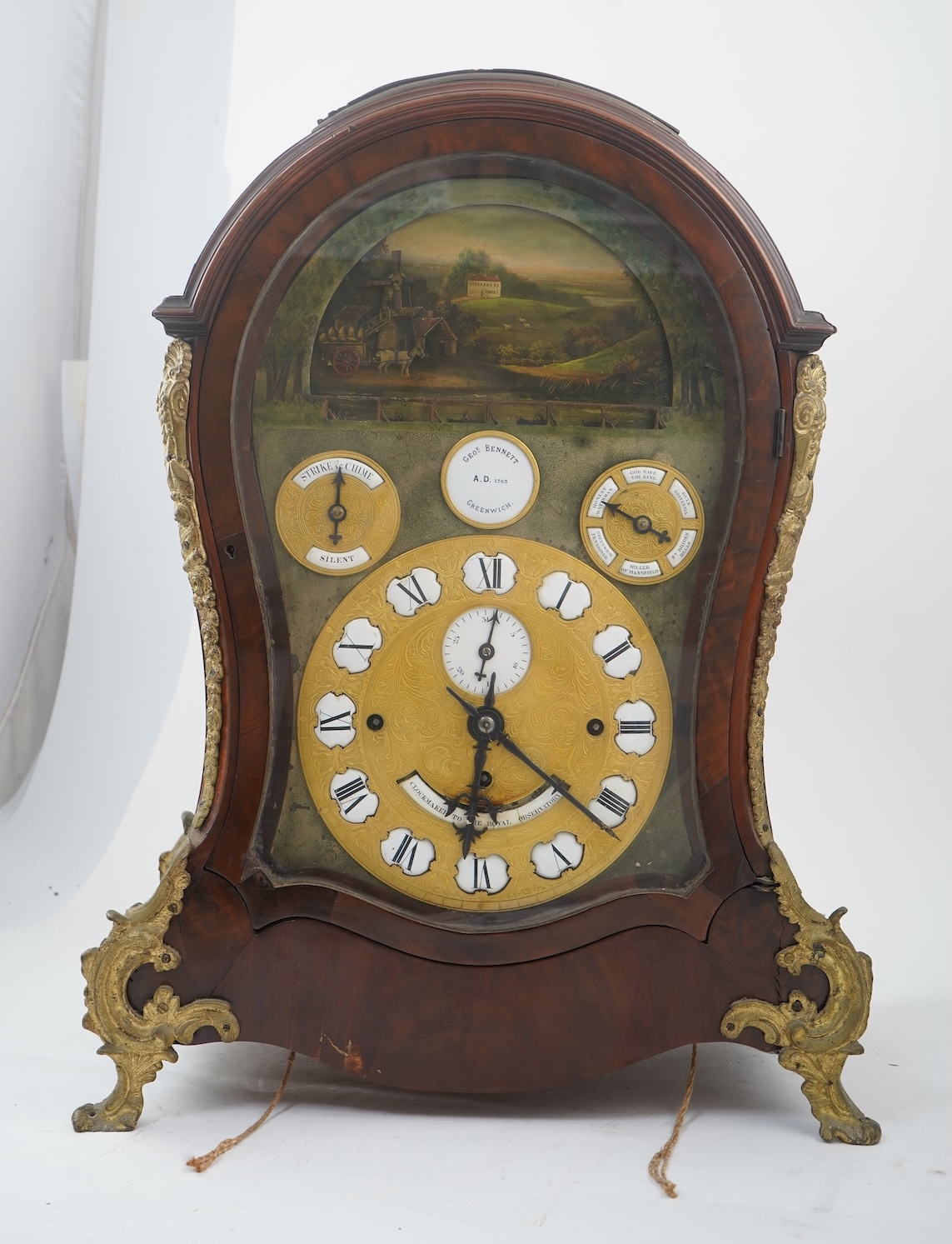 A substantial George III mahogany balloon-shaped musical bracket clock by George Bennett, Greenwich, ‘Clockmaker to the Royal Observatory’